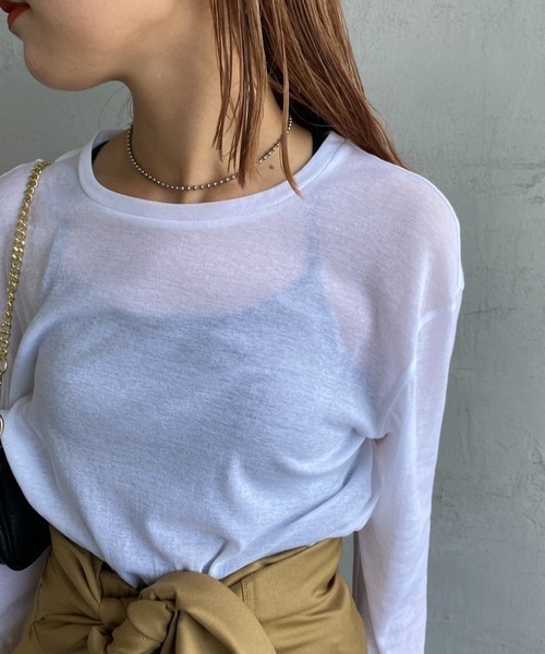JEANS FACTORY Clothes（ジーンズファクトリークローズ）の「[Jeans Factory Clothes/ジーンズファクトリークローズ] クルーネック ロングスリーブシアーカットソー（Tシャツ/カットソー・レディース・ブラック/オフホワイト/サックスブルー/イエロー/オレンジ・F）」の15枚目の写真