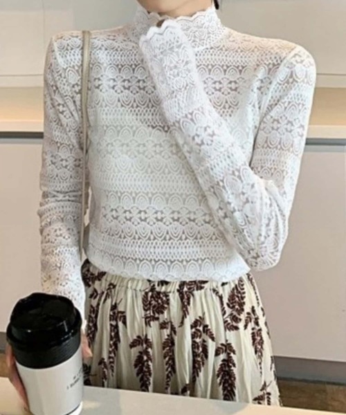 MAISON DE THERESE(メゾン ド テレーズ)の「トータルネック 総レーストップス(Tシャツ/カットソー・レディース・ホワイト/ベージュ/ブラック・M)」の1枚目の写真