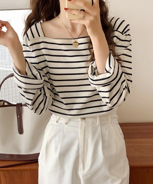 COCOMOMO(ココモモ)の「スクエアネックボーダーカットソー(Tシャツ/カットソー・レディース・ホワイト/ネイビー・L/M)」の21枚目の写真