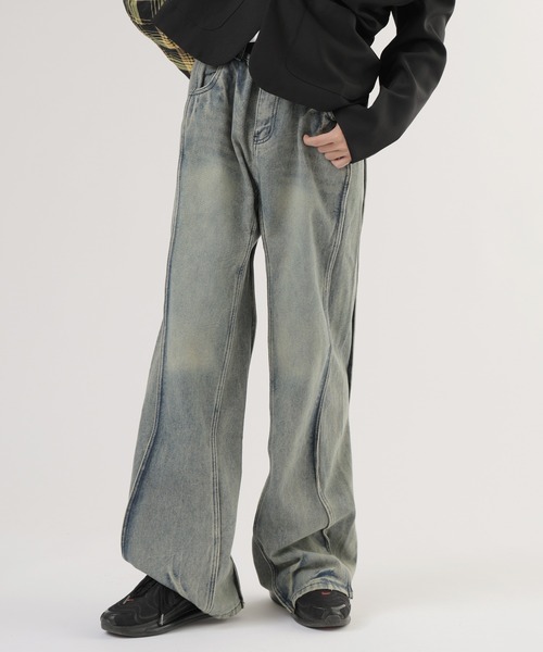 ヴィンテージリメイク風 ダメージフレアデニム（デニムパンツ