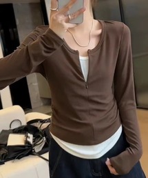 レイヤード風ジップ長袖カットソー