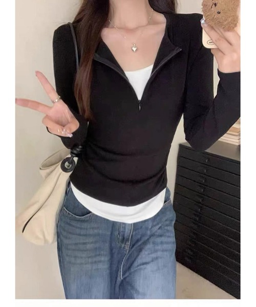 Coo+i(クーイ)の「レイヤード風ジップ長袖カットソー(Tシャツ/カットソー・レディース・ブラウン/ブラック/チャコールグレー・FREE)」の7枚目の写真