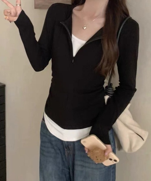 Coo+i(クーイ)の「レイヤード風ジップ長袖カットソー(Tシャツ/カットソー・レディース・ブラウン/ブラック/チャコールグレー・FREE)」の12枚目の写真