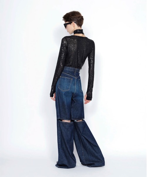 JOHN LAWRENCE SULLIVAN(ジョンローレンスサリバン)の「【JOHN LAWRENCE SULLIVAN/ジョンローレンスサリバン】Washed Denim Cut Out Wide Pants/ウォッシュドデニムカットアウトワイドパンツ(デニムパンツ・レディース・ブラック/インディゴブルー・MEDIUM/SMALL)」の5枚目の写真