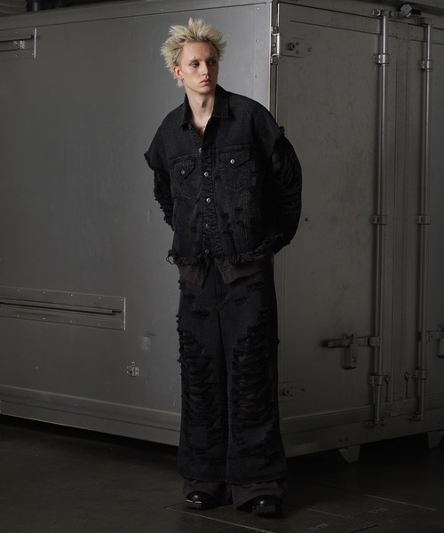 GRANCY】Sweat Docking Design Damage Buggy Denim Pants