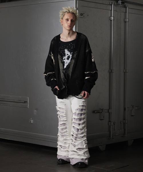 GRANCY】Sweat Docking Design Damage Buggy Denim Pants