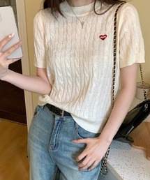 LAC-VERT | ケーブル編みハート刺繍半袖ニット(ニット/セーター)