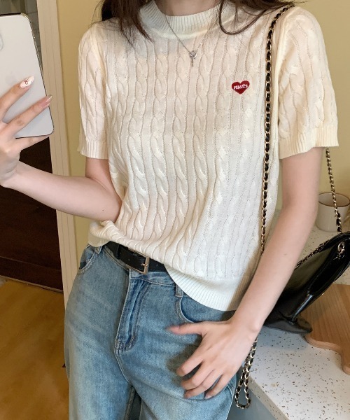 セール】ケーブル編みハート刺繍半袖ニット（Tシャツ/カットソー