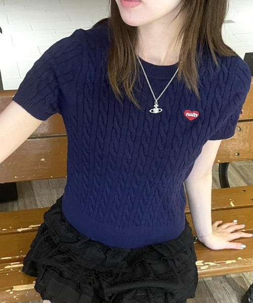 セール】ケーブル編みハート刺繍半袖ニット（Tシャツ/カットソー