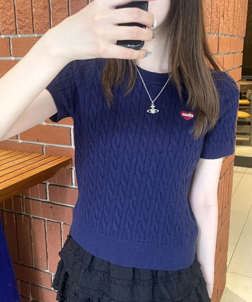 セール】ケーブル編みハート刺繍半袖ニット（ニット/セーター）｜LAC