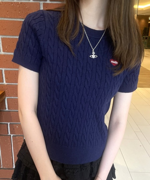 ネイビー ケーブル編み 半袖セーター セール】ケーブル編みハート刺繍半袖ニット（ニット/セーター）｜LAC