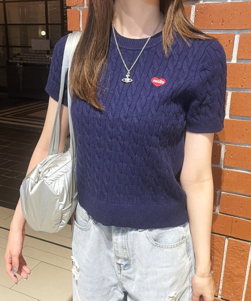 セール】ケーブル編みハート刺繍半袖ニット（ニット/セーター）｜LAC