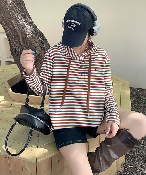 aimoha（アイモハ）の「ボーダーボタンパーカー（パーカー・レディース・グレー/ブラック/チョコ/ベージュ/ネイビー・FREE）」の7枚目の写真