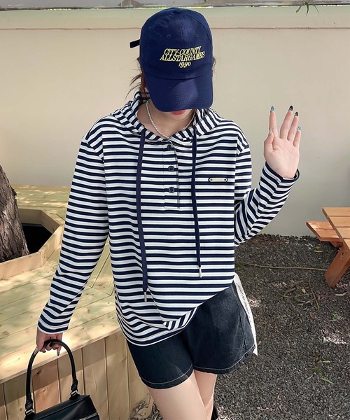 aimoha（アイモハ）の「ボーダーボタンパーカー（パーカー・レディース・グレー/ブラック/チョコ/ベージュ/ネイビー・FREE）」の9枚目の写真