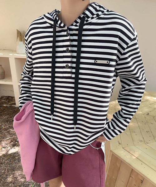 aimoha（アイモハ）の「ボーダーボタンパーカー（パーカー・レディース・グレー/ブラック/チョコ/ベージュ/ネイビー・FREE）」の16枚目の写真