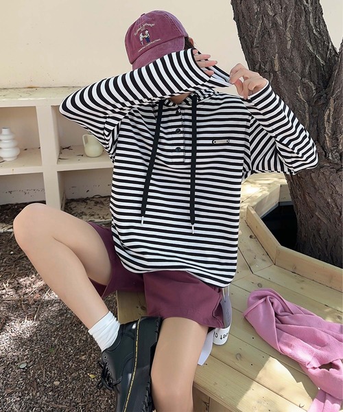 aimoha（アイモハ）の「ボーダーボタンパーカー（パーカー・レディース・グレー/ブラック/チョコ/ベージュ/ネイビー・FREE）」の6枚目の写真