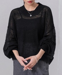 レディース 長袖ドロップバルーンスリーブモヘヤタッチシアーリブニットトップス