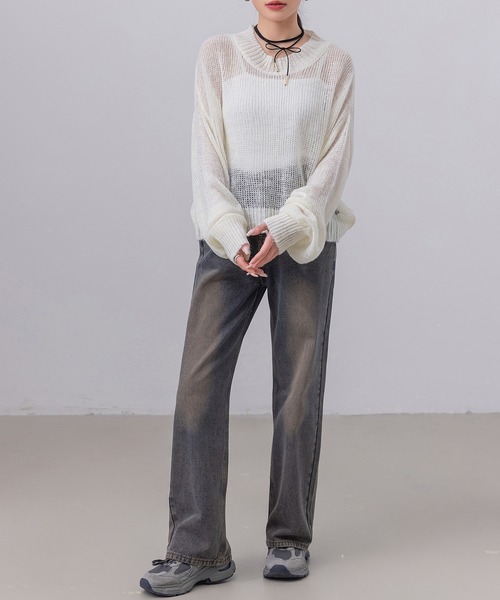 DAY CLOSET(デイ クローゼット)の「レディース 長袖ドロップバルーンスリーブモヘヤタッチシアーリブニットトップス(ニット/セーター・レディース・アイボリー/ブラック/グレー・FREE)」の8枚目の写真
