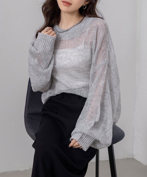 DAY CLOSET(デイ クローゼット)の「レディース 長袖ドロップバルーンスリーブモヘヤタッチシアーリブニットトップス(ニット/セーター・レディース・アイボリー/ブラック/グレー・FREE)」の16枚目の写真