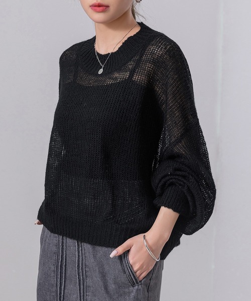 DAY CLOSET(デイ クローゼット)の「レディース 長袖ドロップバルーンスリーブモヘヤタッチシアーリブニットトップス(ニット/セーター・レディース・アイボリー/ブラック/グレー・FREE)」の11枚目の写真