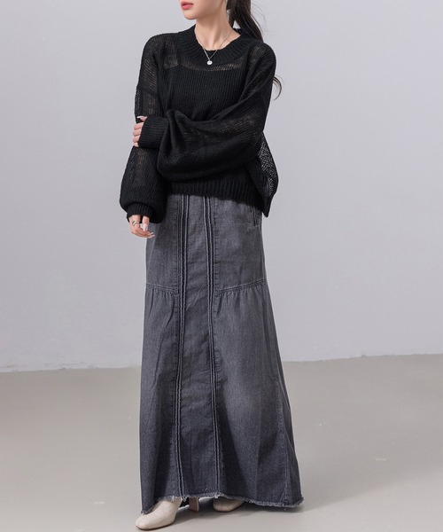 DAY CLOSET(デイ クローゼット)の「レディース 長袖ドロップバルーンスリーブモヘヤタッチシアーリブニットトップス(ニット/セーター・レディース・アイボリー/ブラック/グレー・FREE)」の13枚目の写真