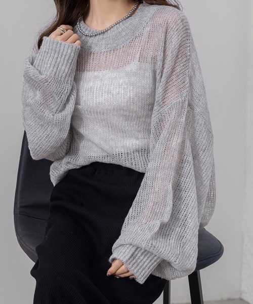 DAY CLOSET(デイ クローゼット)の「レディース 長袖ドロップバルーンスリーブモヘヤタッチシアーリブニットトップス(ニット/セーター・レディース・アイボリー/ブラック/グレー・FREE)」の20枚目の写真