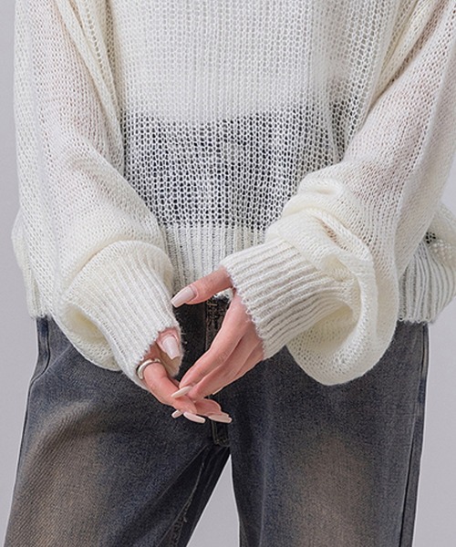 DAY CLOSET(デイ クローゼット)の「レディース 長袖ドロップバルーンスリーブモヘヤタッチシアーリブニットトップス(ニット/セーター・レディース・アイボリー/ブラック/グレー・FREE)」の22枚目の写真