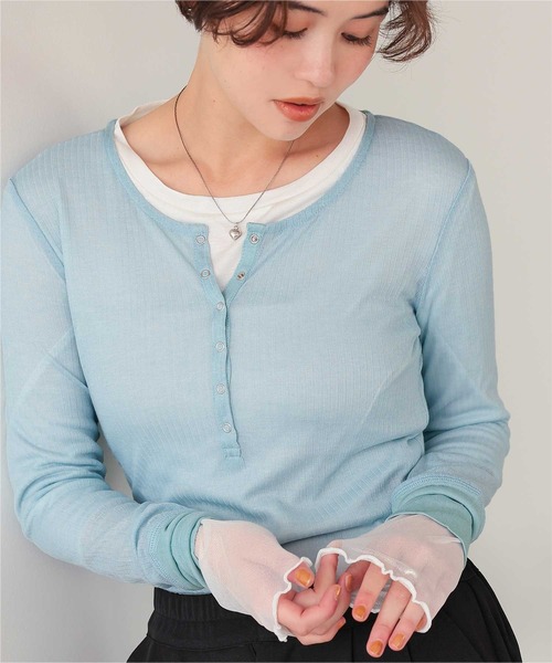 titivate(ティティベイト)の「シアーテレコヘンリーネックトップス(Tシャツ/カットソー・レディース・ピンク/ブラック/アイボリー/杢グレー/ブラウン/ライトブルー/イエロー/ネイビー・M)」の6枚目の写真