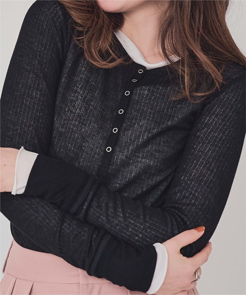 titivate(ティティベイト)の「シアーテレコヘンリーネックトップス(Tシャツ/カットソー・レディース・ピンク/ブラック/アイボリー/杢グレー/ブラウン/ライトブルー/イエロー/ネイビー・M)」の3枚目の写真