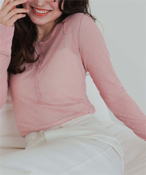 完売商品　25ss シアーテレコヘンリーネック　ピンク　カットソー シアーテレコヘンリーネックトップス（Tシャツ/カットソー