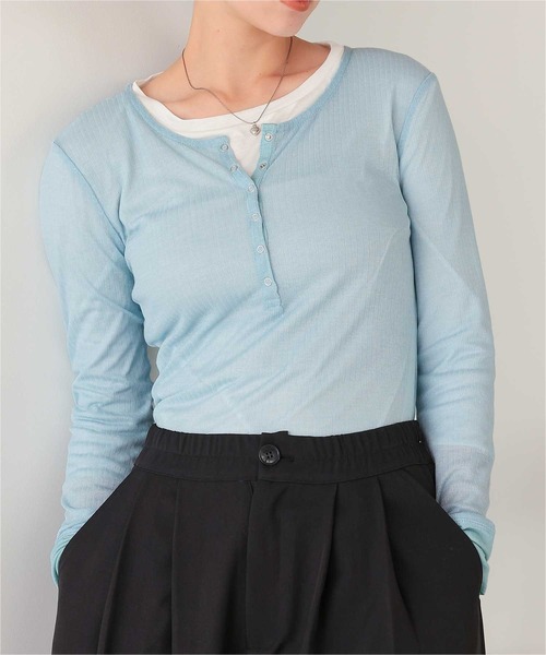 titivate(ティティベイト)の「シアーテレコヘンリーネックトップス(Tシャツ/カットソー・レディース・ピンク/ブラック/アイボリー/杢グレー/ブラウン/ライトブルー/イエロー/ネイビー・M)」の15枚目の写真