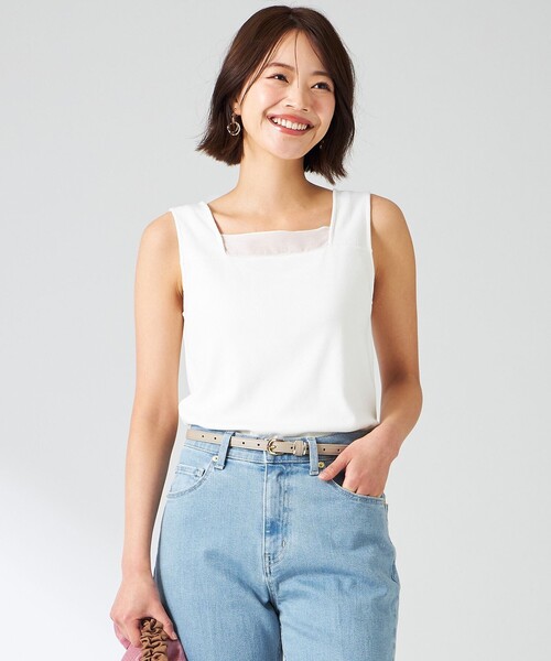 ANY SIS(エニィスィス)の「【洗える】シアーコンビスクエアネック タンクトップ(タンクトップ・レディース・ホワイト系/ブラック系/ベージュ系・2)」の2枚目の写真