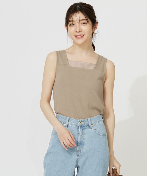 ANY SIS(エニィスィス)の「【洗える】シアーコンビスクエアネック タンクトップ(タンクトップ・レディース・ホワイト系/ブラック系/ベージュ系・2)」の1枚目の写真
