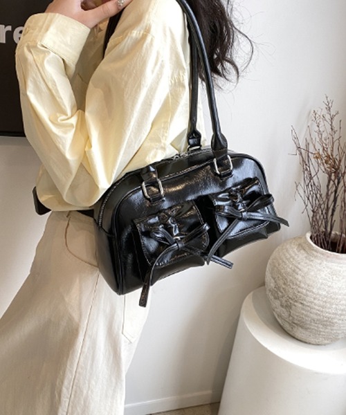 セール】フェイクレザーダブルリボンボストンバッグ（ショルダーバッグ