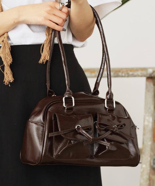 フェイクレザーダブルリボンボストンバッグ（ショルダーバッグ