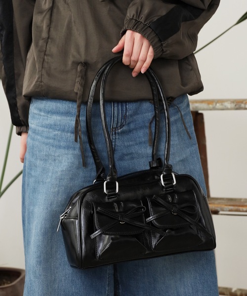 ダークブルー レザー ボストンバッグ un/neu ボストンバッグ ダブルジップフェイクレザーボストン / 11inch