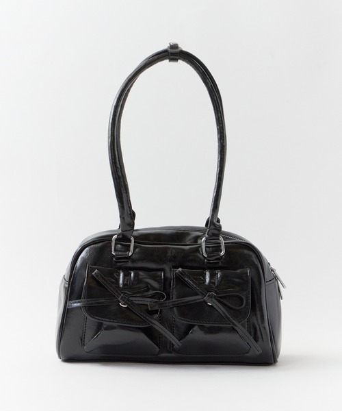 フェイクレザーダブルリボンボストンバッグ（ショルダーバッグ