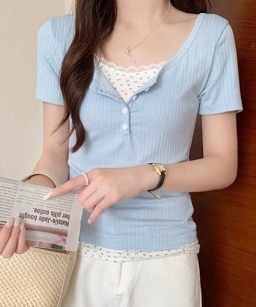 Mejoul(メジュール)の「ヘンリーネック花柄フェイクレイヤードリブT(Tシャツ/カットソー・レディース・ピンク/ブルー/パープル/アイボリー・M/S)」の3枚目の写真