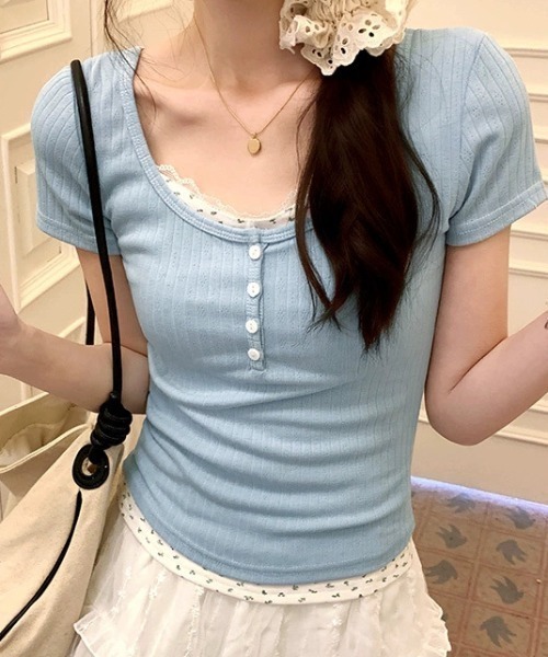 Mejoul(メジュール)の「ヘンリーネック花柄フェイクレイヤードリブT(Tシャツ/カットソー・レディース・ピンク/ブルー/パープル/アイボリー・M/S)」の13枚目の写真