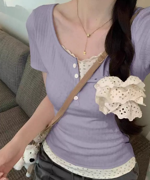 Mejoul(メジュール)の「ヘンリーネック花柄フェイクレイヤードリブT(Tシャツ/カットソー・レディース・ピンク/ブルー/パープル/アイボリー・M/S)」の21枚目の写真