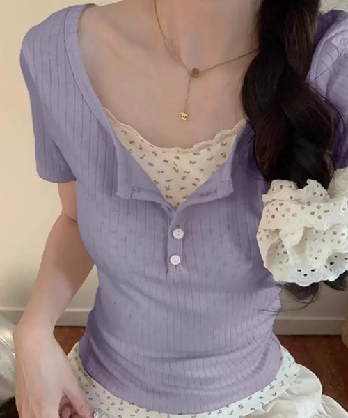 Mejoul(メジュール)の「ヘンリーネック花柄フェイクレイヤードリブT(Tシャツ/カットソー・レディース・ピンク/ブルー/パープル/アイボリー・M/S)」の22枚目の写真