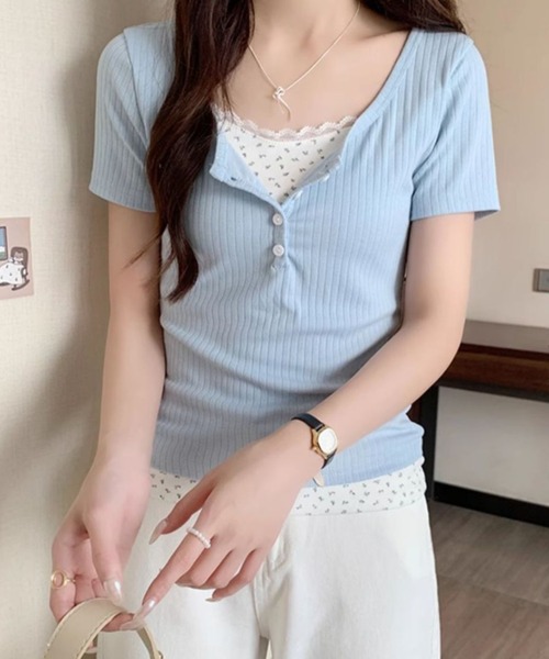 Mejoul(メジュール)の「ヘンリーネック花柄フェイクレイヤードリブT(Tシャツ/カットソー・レディース・ピンク/ブルー/パープル/アイボリー・M/S)」の15枚目の写真