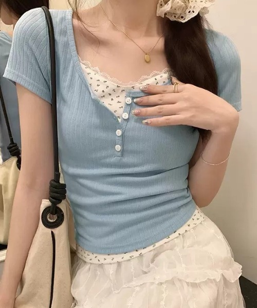 Mejoul(メジュール)の「ヘンリーネック花柄フェイクレイヤードリブT(Tシャツ/カットソー・レディース・ピンク/ブルー/パープル/アイボリー・M/S)」の16枚目の写真