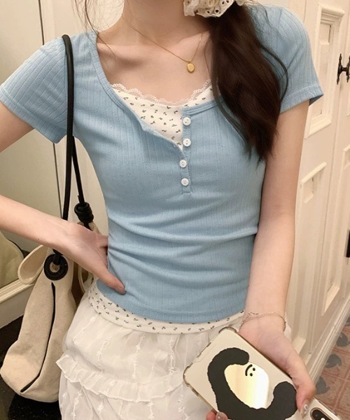 Mejoul(メジュール)の「ヘンリーネック花柄フェイクレイヤードリブT(Tシャツ/カットソー・レディース・ピンク/ブルー/パープル/アイボリー・M/S)」の17枚目の写真