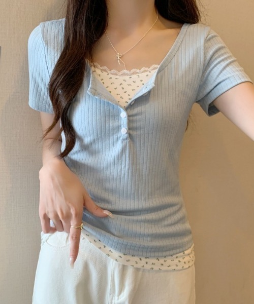 Mejoul(メジュール)の「ヘンリーネック花柄フェイクレイヤードリブT(Tシャツ/カットソー・レディース・ピンク/ブルー/パープル/アイボリー・M/S)」の18枚目の写真