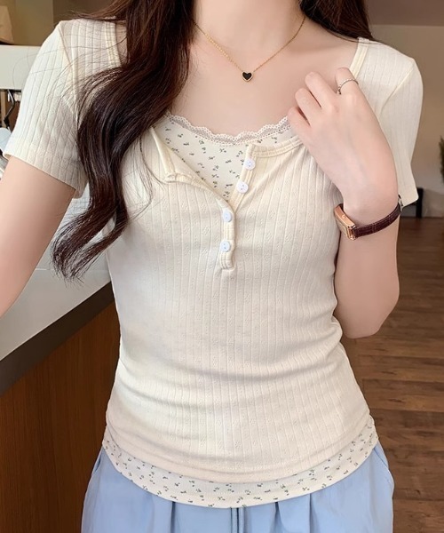 Mejoul(メジュール)の「ヘンリーネック花柄フェイクレイヤードリブT(Tシャツ/カットソー・レディース・ピンク/ブルー/パープル/アイボリー・M/S)」の7枚目の写真