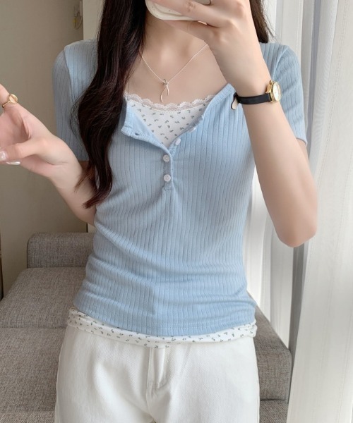 Mejoul(メジュール)の「ヘンリーネック花柄フェイクレイヤードリブT(Tシャツ/カットソー・レディース・ピンク/ブルー/パープル/アイボリー・M/S)」の19枚目の写真