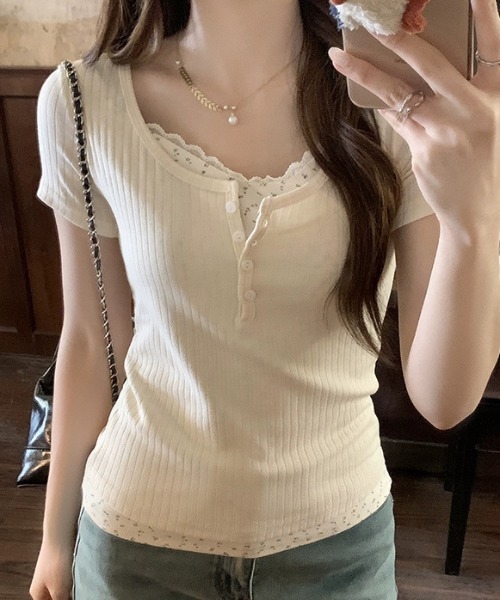 Mejoul(メジュール)の「ヘンリーネック花柄フェイクレイヤードリブT(Tシャツ/カットソー・レディース・ピンク/ブルー/パープル/アイボリー・M/S)」の10枚目の写真