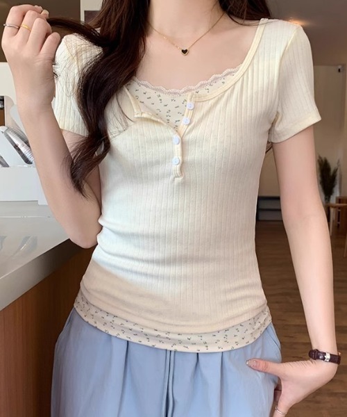 Mejoul(メジュール)の「ヘンリーネック花柄フェイクレイヤードリブT(Tシャツ/カットソー・レディース・ピンク/ブルー/パープル/アイボリー・M/S)」の11枚目の写真