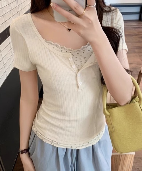 Mejoul(メジュール)の「ヘンリーネック花柄フェイクレイヤードリブT(Tシャツ/カットソー・レディース・ピンク/ブルー/パープル/アイボリー・M/S)」の12枚目の写真